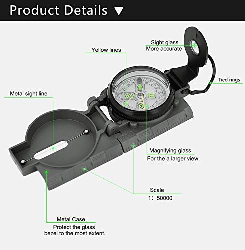AceCamp Folding Metal Compass, Foldable & Portable Compass, Professional Multifunctional Metal Compass with Metal Sight Line & Magnifying Glass for Hiking, Camping, Backing - style: Black Large