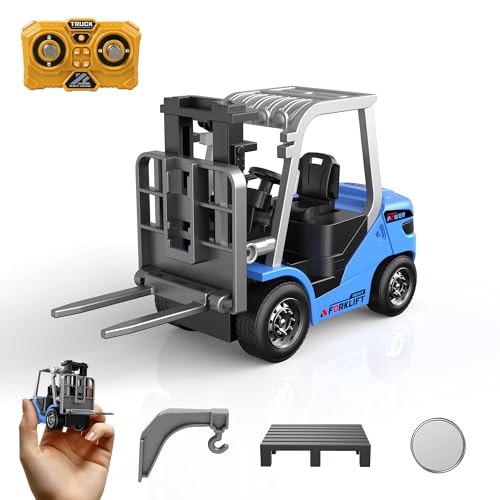 Dwi Dowellin Mini 1/64 RC Forklift Toy, 7 Channel 2 Mode Remote Control Forklift Truck, 2 in 1 Transformable Lift Fork & Hook with Lights & Sounds for Adults Kids Boys and Girls(Blue) - color: Blue