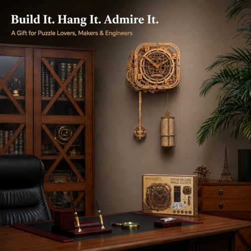 WOODEN.CITY Gear Globe Wall Clock Kit – 369-Piece 3D Wooden Puzzle for Adults, Mechanical Clock Model, No Glue Required, Made in EU - color: Globe Wall Clock