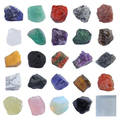 Rock Collection for Kids, 25PCS Crystal Gem Mineral Collection Set Box Gift for Boys and Girls, Natural Gemstone with Learning Guide Education Set