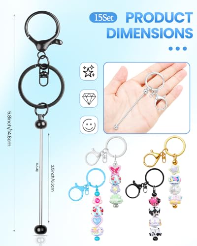 RQAYE 15Pcs Beadable Keychains Bulk Kit Cute Beadable Keychains Bar for Beads DIY Keychain Making Supplies for Women Man Crafts, Jewelry, bag Charms, Custom Projects Gift (Black) - color: Black
