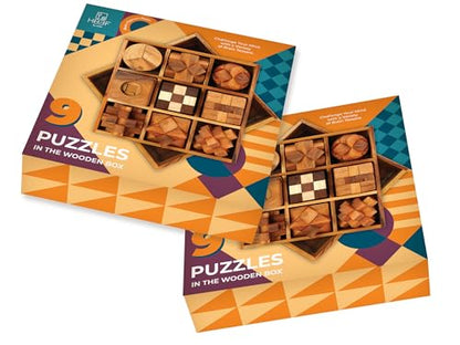 BSIRI 9 in 1 Wooden Brain Teaser Puzzles for Adults Teens Box Set Wood Hard Level 10 Impossible Mind Wood Brain Teaser Games 3D Hand Puzzle Sets for Decoration and Mini Toys - style: 9 Puzzle Set