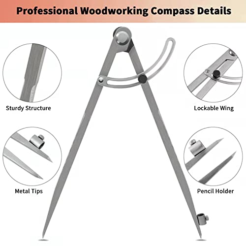 12 inch Compass for Geometry, Compass for Woodworking, Precision Woodworking Compass with Wing Divider and Pencil Holder, Large Compass for Geometry, Woodworking Compass, Drafting, Drawing Compass - size: 12in