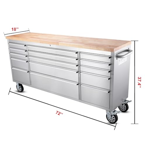 72-inch Stainless Steel Rolling Tool Chest with 15 Drawers, Mobile Workbench, Assembled Large Tool Box Lockable Storage Cabinet with Wheels for Garage Workshop (72'' w/15 Drawers) - size: 72'' w/15 drawers - Stainless Steel