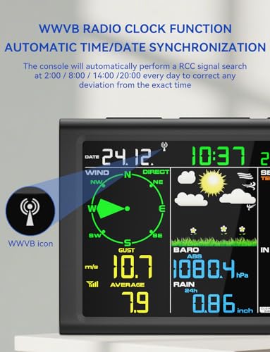 Wireless Weather Station, Equipped with Outdoor Wireless sensors, Atomic Clock, rain Gauge, Wind Speed/Direction,Moon Phase, Barometer,Temperature/Humidity,Weather Forecast,etc. (no WiFi)
