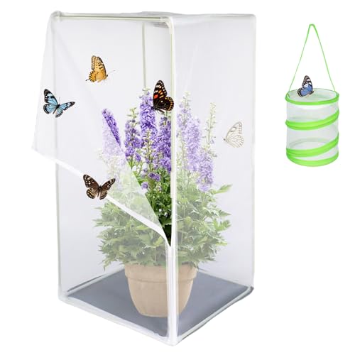 2Pcs Butterfly Habitat kit, Monarch Butterfly Mesh Cage, Butterflies Enclosure for Outdoors, Insect Growing Garden Habitat 16.6x16.6x30.4 inch, Folds Flat (White Green)