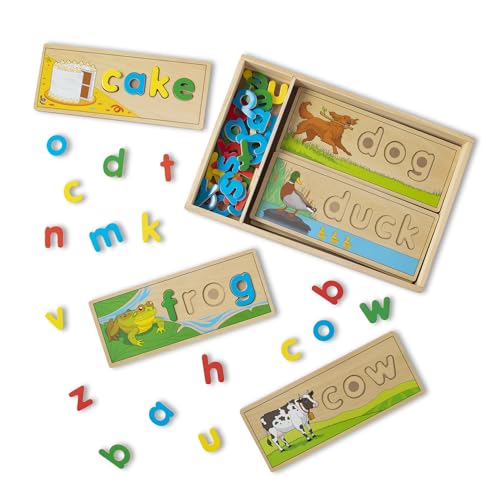 Melissa & Doug See & Spell Wooden Educational Toy with 8 Double-Sided Spelling Boards and 64 Letters Preschool Learning Activities, See & Spell Learning Toys for Kids Ages 4+ - size: 13.9 x 9.2 x 1.75, style: English