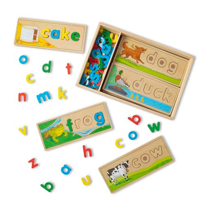 Melissa & Doug See & Spell Wooden Educational Toy with 8 Double-Sided Spelling Boards and 64 Letters Preschool Learning Activities, See & Spell Learning Toys for Kids Ages 4+ - size: 13.9 x 9.2 x 1.75, style: English