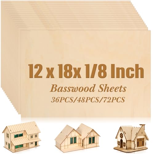 Riakrum Basswood Sheets Plywood Board Unfinished Wood Boards for Crafts for DIY Laser Projects Architectural Mini House Building Hobby Model Making(12 x 18 x 1/8 Inch,48) - size: 12 x 18 x 1/8 Inch