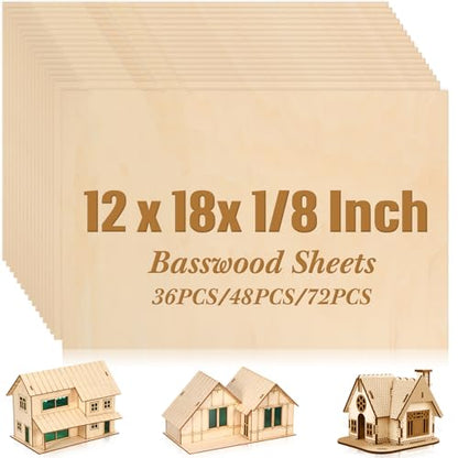 Riakrum Basswood Sheets Plywood Board Unfinished Wood Boards for Crafts for DIY Laser Projects Architectural Mini House Building Hobby Model Making(12 x 18 x 1/8 Inch,48) - size: 12 x 18 x 1/8 Inch