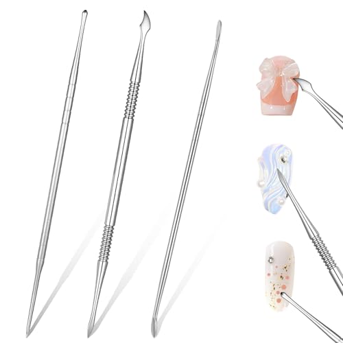 3 Pcs Nail Art Sculpture Pen, Stainless Steel Nail Sculpting Tool Dual-Head 3D Gel Pen Nails Dotting Tool Silver Nails Art Design Tools for Salon Home DIY
