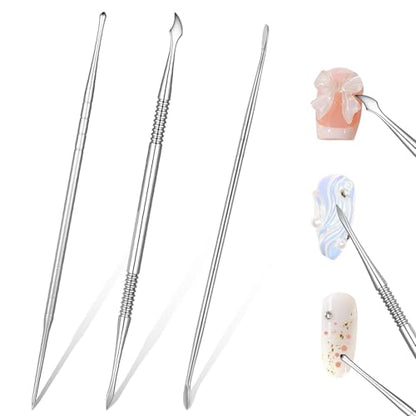 3 Pcs Nail Art Sculpture Pen, Stainless Steel Nail Sculpting Tool Dual-Head 3D Gel Pen Nails Dotting Tool Silver Nails Art Design Tools for Salon Home DIY