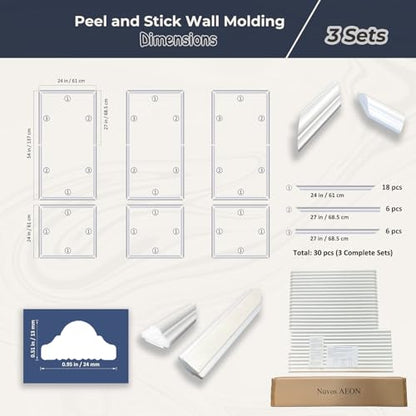 Set of 3 Peel and Stick Wall Molding Kit, Pre Cut Wainscoting Panels