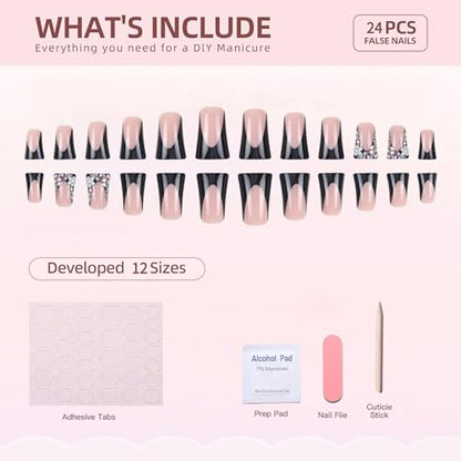 Duck Press on Nails Black French Tip Fake Nails Medium Acrylic Nails Press Ons with 3D Flower and Diamond Design Artificial False Nails Light Luxury Shining Full Cover Stick On Nails for Women - color: Style-A11