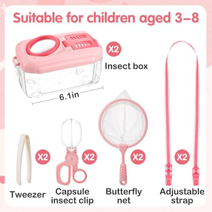 2 Sets Bug Catcher for Kids, Bug Catching Kit Gifts with Butterfly Net Toys - color: Pink