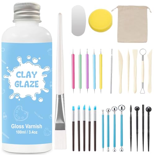 EIGTWEN 100ml Air Dry Clay Glaze and 29pcs Clay Tools Kit, Gloss Varnish - size: Gloss