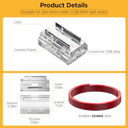 20 Pack 8-in-1 LED Strip Connectors with 6.6FT (2m) 20AWG Wires, for 8mm 2-Pin COB/SMD 2835/3528 LED Strips – Straight, Corner, Strip-to-Strip & Strip-to-Wire