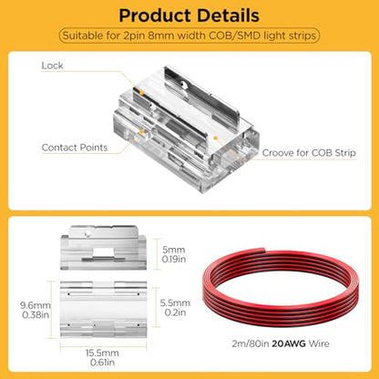 20 Pack 8-in-1 LED Strip Connectors with 6.6FT (2m) 20AWG Wires, for 8mm 2-Pin COB/SMD 2835/3528 LED Strips – Straight, Corner, Strip-to-Strip & Strip-to-Wire