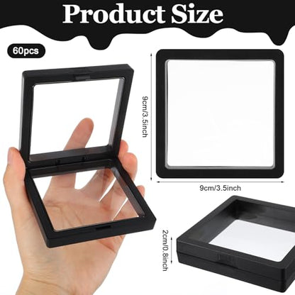 60 Pcs 3D Floating Display Case, 3.5 x 3.5 x 0.8 Inch Clear Coin Frame Holder Stands for Antique Challenge Coins, Jewelry, Shells, Gems, Minerals, Rocks, Specimens, Pins, Medals (Black & White)