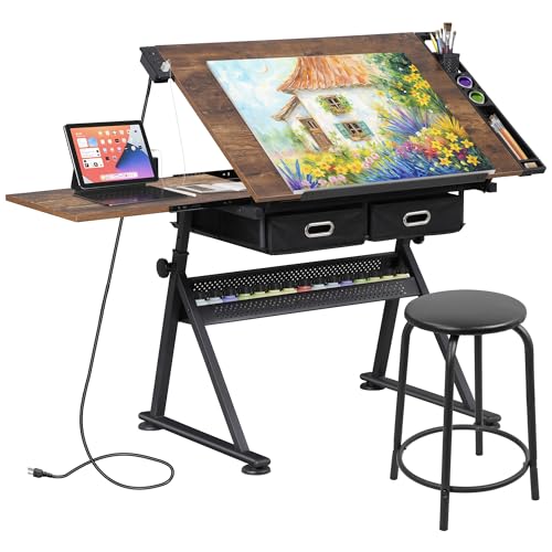ZENY Adjustable Drafting Table with Stool Tilting Drawing Desk Artist Table - color: Retro-with Outlet