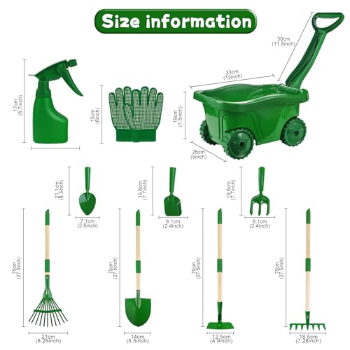 Duckura Kids Gardening Tools Set, Wheelbarrow Sets Outdoor Yard Toy Ages 3+ - color: Green-11pcs