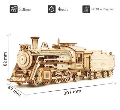 ROKR 3D Wooden Puzzle for Adults Mechanical Car Model-DIY Building Vehicle Kits-Brain Teaser Toys-Gift for Men Women on Birthday/Christmas Day (Steam Train Model with Carriage)