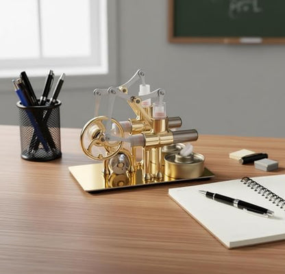 MagicTech Hot Air Stirling Engine Double Cylinder Electricity Power Metal Physics Assembly Model Golden JY38 - size: 6.3 x 3.43 x 4.6 Inch