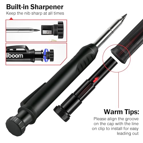 Hiboom Mechanical Carpenter Pencil with 7 Leads, Deep Hole Marker, Black - color: Black