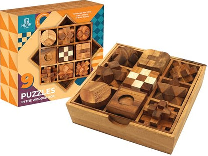 BSIRI 9 in 1 Wooden Brain Teaser Puzzles for Adults Teens Box Set Wood Hard Level 10 Impossible Mind Wood Brain Teaser Games 3D Hand Puzzle Sets for Decoration and Mini Toys - style: 9 Puzzle Set