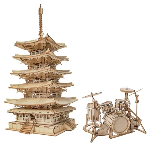 ROBOTIME 3D Puzzle Wooden Craft Kits DIY Model Kit to Build Five-Storied Pagoda & Drum