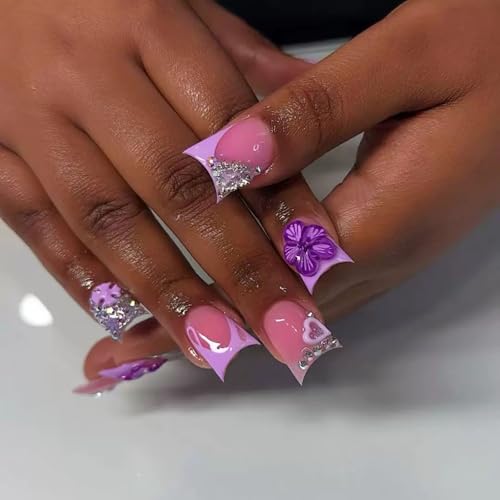 24Pcs Press on Nails Medium Duck Mouth Fake Nails Square French Tip False Nails Press Ons with 3D Flower and Rhinestones Designs Acrylic Nails Glossy Full Cover Artificial Nail for Women - color: Style-A18