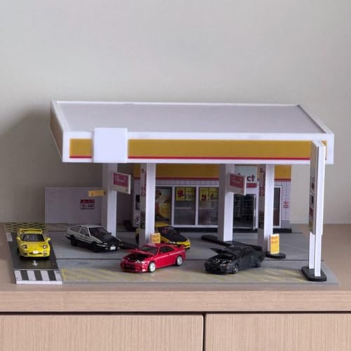 1/64 Scale Shell Gas Station Diorama Kit, Miniature Building Scene Model Set, Collectible Desk Decor for Home & Office (No Vehicles or Figures)
