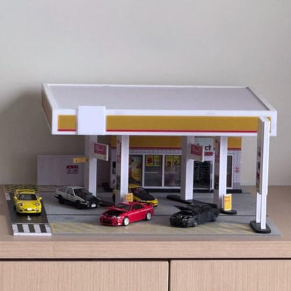 1/64 Scale Shell Gas Station Diorama Kit, Miniature Building Scene Model Set, Collectible Desk Decor for Home & Office (No Vehicles or Figures)
