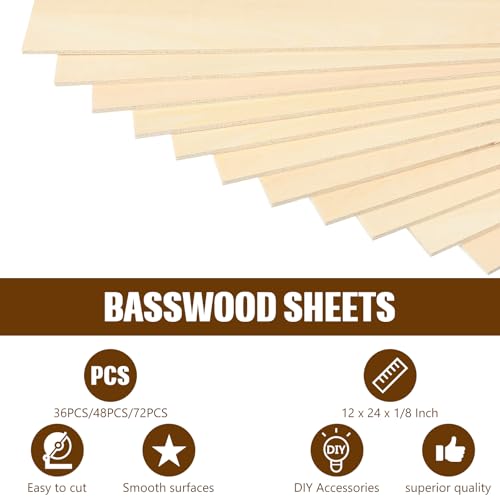 Riakrum Basswood Sheets Plywood Board Unfinished Wood Boards for Crafts for DIY Laser Projects Architectural Mini House Building Hobby Model Making(12 x 24 x 1/8 Inch,48) - size: 12 x 24 x 1/8 Inch