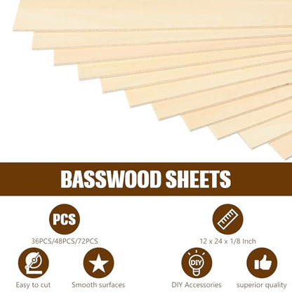 Riakrum Basswood Sheets Plywood Board Unfinished Wood Boards for Crafts for DIY Laser Projects Architectural Mini House Building Hobby Model Making(12 x 24 x 1/8 Inch,48) - size: 12 x 24 x 1/8 Inch