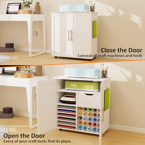 Craft Cart Cabinet Compatible with Cricut for Storage Organization, Rolling Craft Cabinet Table Stand Workstation with Vinyl Roll Holder with Wheels for Craft Room Organizer 31.6"W x 15.8"D x 33.7"H