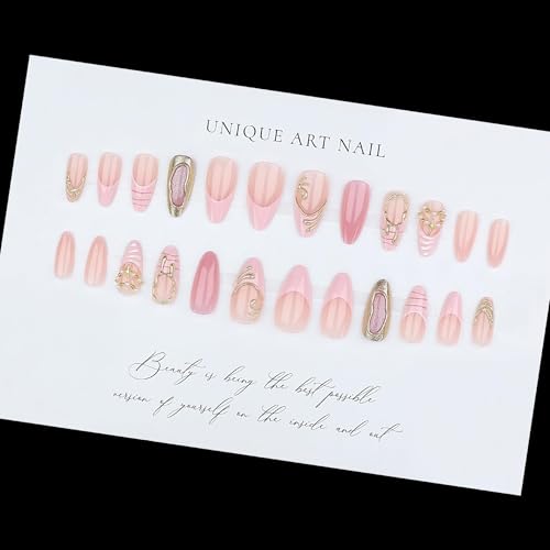 Almond Press on Nails Long Pink Fake Nailwith 3D Charms Acrylic Nail Press ons Golden Embossed Stick on Nails for Women 24pcs - color: Color01