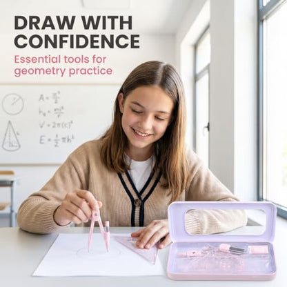7Pcs Pink Compass Protractor Set with Portable Box Geometry Drafting Tools Set Multi-Purpose Math Drawing Rulers for Boy Girl Drafting Tools and Drafting Kits