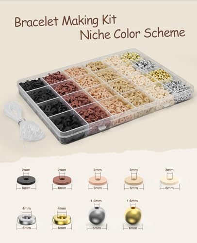 ClaBead Bracelet Making Kit 3200Pcs, Clay Beads Bracelet Kit with Gold Beads and Sliver Beads (Earth Tone) - color: Earth Tone