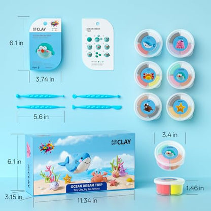 Air Dry Clay for Kids - 6 Ocean Themed Modeling Clay Kit, Model Magic Clay with Sculpting Tools and Tutorials, Ultra Light & Soft, Non-Toxic & Safe, DIY Arts and Crafts School Projects for Kids - color: Ocean