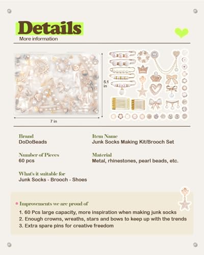 DoDoBeads 60 Pcs Junk Socks Charms Kit, Gold Brooches and Pins for Women, Pearl and Rhinestone Sock Charms with Safety Pins, DIY Accessories for Decorating and Personalizing Socks - style: Golden Hour