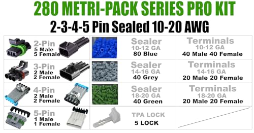365pcs (2,3,4,5 PIN) Metri-Pack 280 Series 30 Amp Conductor Connector, Terminal, Sealed Weatherproof Automotive Electrical Connectors Kit 10-20 GA - size: 2-5 Pin Kit (365pcs)