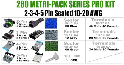 365pcs (2,3,4,5 PIN) Metri-Pack 280 Series 30 Amp Conductor Connector, Terminal, Sealed Weatherproof Automotive Electrical Connectors Kit 10-20 GA - size: 2-5 Pin Kit (365pcs)