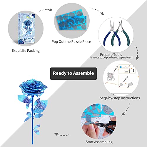 Piececool 3D Metal Puzzles Rose Flower Model Kits, Artificial Fake Flowers Metal Building Blocks DIY 3D Puzzle for Adults, for Father Mothers Valentines Day, 15Pcs - color: Blue