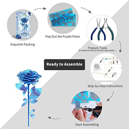 Piececool 3D Metal Puzzles Rose Flower Model Kits, Artificial Fake Flowers Metal Building Blocks DIY 3D Puzzle for Adults, for Father Mothers Valentines Day, 15Pcs - color: Blue
