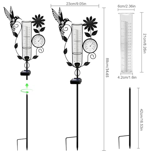 Metal Hummingbird Solar Rain Gauge Outdoor with LED Light and Thermometer - color: Hummingbird