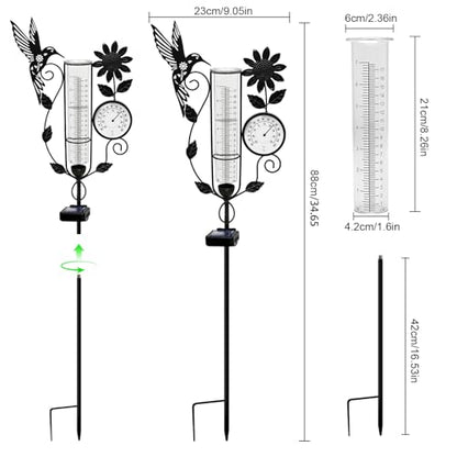 Metal Hummingbird Solar Rain Gauge Outdoor with LED Light and Thermometer - color: Hummingbird