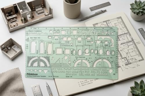 Printtoo 2 mm Thick Architect Combination Template Ruler, Transparent Green Acrylic Drafting Stencil with 1:50 Scale, Door, Bath, Furniture & Electrical Symbols for Architecture Design - color: Series-PRTD-2422A