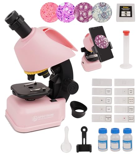 SpectrumOI Pink Microscope for Adults and Kids,40X - 640X Compound Microscope for Beginner 8-12, Kids Microscope with 8 Spicemen Slides, Microscope kit for Kids