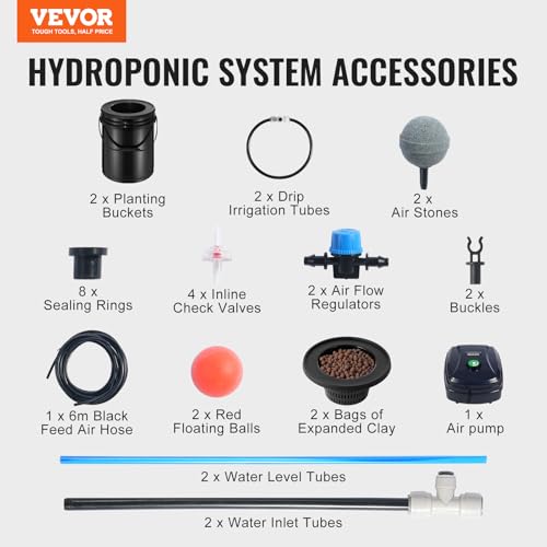 VEVOR DWC Hydroponics Grow System, Hydroponic Growing System with Top Drip Kit, Deep Water Culture 5-Gallon 2 Buckets, with Air Pump, Air Stones and Water Level Device for Leafy Vegetables - style: 2 Buckets+Top Drip Kit